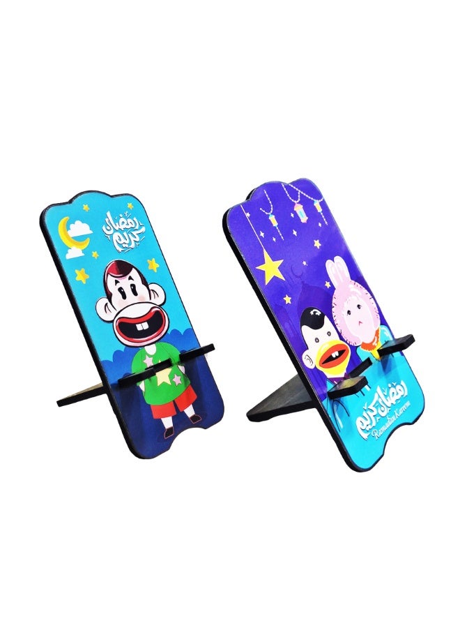 حاملان خشبيان للهواتف المحمولة، قطعتان، بنقوش رمضانية محفورة، حامل مكتبي إسلامي قابل للفصل للهواتف الذكية، قاعدة خشبية طبيعية ثابتة لتزيين المنزل والمكتب وركن الصلاة، هدية رمضانية مثالية - Image 3